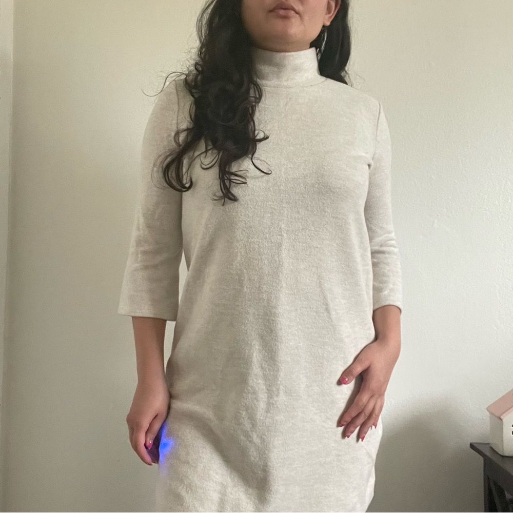 NWOT Zara Mock Neck Cream 3/4 Length Sleeve Dress